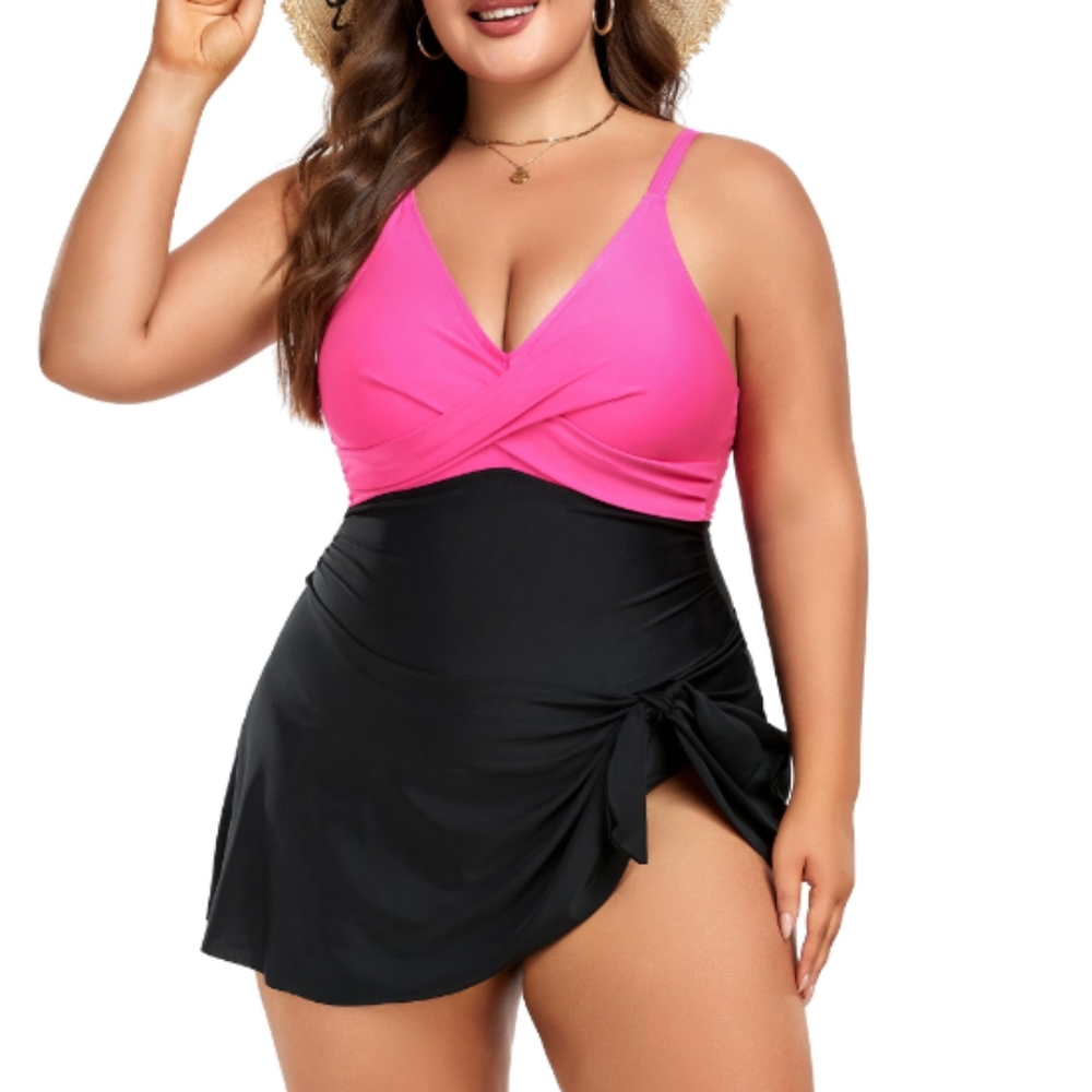 MFAVIP Women Plus Size Swim Dress Tummy Control One Piece Swimsuit V Neck Wrap